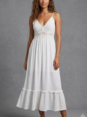 Cottagecore White Tiered Ruffle Gauze Midi Dress  Size S